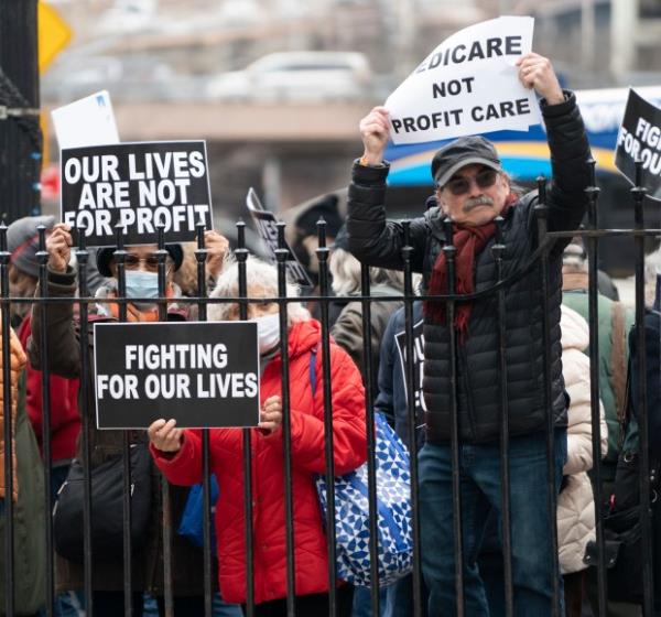 New York City retirees protest outside City Hall Friday, March 31, 2023 in Manhattan, New York in respo<em></em>nse to his signing a Medicare Advantage Plan co<em></em>ntract for retired city employees.