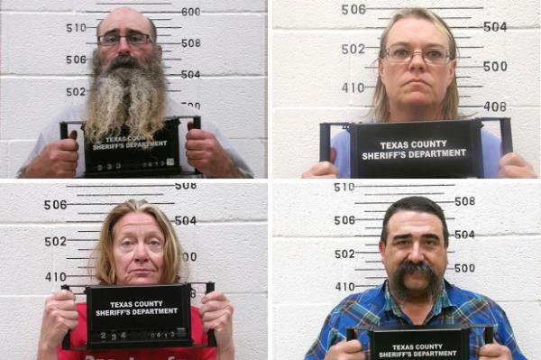 This combination of booking photo provided by the Oklahoma State Bureau of Investigation shows Tad Bert Cullum, top left, Cora Twombly, top right, Tifany Machel Adams, bottom left, and Cole Earl Twombly, bottom right. On Saturday, April 13, 2024, Oklahoma authorities said they arrested and charged these four people with murder and kidnapping over the weekend in co<em></em>nnection with the disappearances of Vero<em></em>nica Butler and Jilian Kelley. (Oklahoma State Bureau of Investigation via AP)