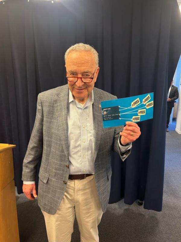 Senator Charles Schumer, D-N.Y., at a press co<em></em>nference against high credit card fees on May 19, 2024. (Courtesy of the Office of Senator Charles Schumer)