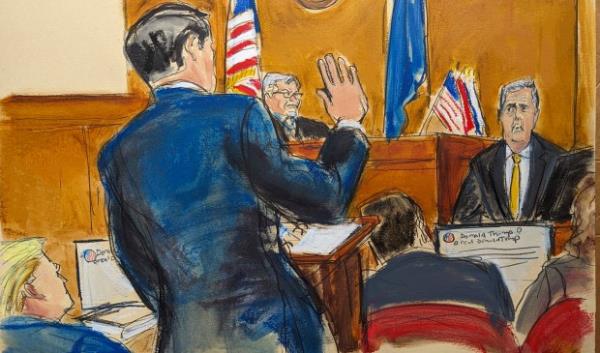 Defense attorney Todd Blanche stands making the "swearing in" hand gesture when cross examining Michael Cohen, as Do<em></em>nald Trump, left, looks on with Judge Juan Merchan presiding, Thursday, May 16, 2024, in New York. (Elizabeth Williams via AP)