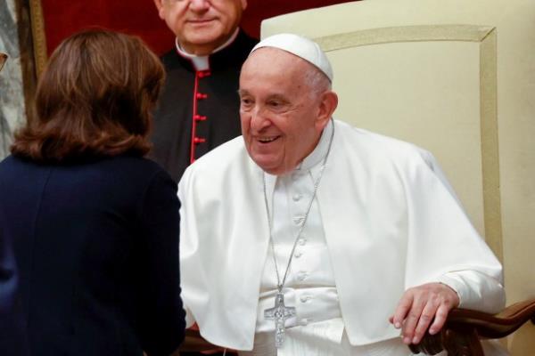 New York's governor Kathy Hochul greets Pope Francis on Thursday, May 16, 2024, in Vatican City.