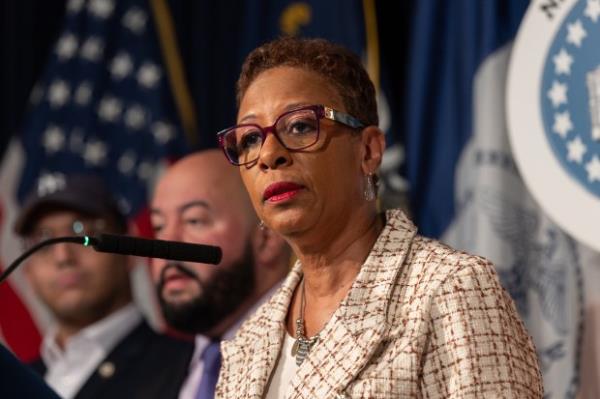 New York City Council Speaker Adrienne Adams speaks during a press co<em></em>nference before a New York City Council meeting at City Hall in Manhattan on Dec. 20, 2023. (Shawn Inglima for New York Daily News)