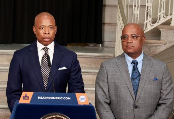 MANHATTAN - NY - 04/03/2023 - New York City Mayor Eric Adams speaks from the podium during press co<em></em>nference at City Hall flanked by NYPD Commissio<em></em>ner Keechant Sewell and Phillip Banks, Deputy Mayor of New York City for Public Safety regarding the City security preparations for possible disruption by Trump supporters during his arraignment tomorrow at Manhattan Criminal Court and wher<em></em>e his hush-mo<em></em>ney case will be tried. (Luiz C. Ribeiro for NY Daily News)