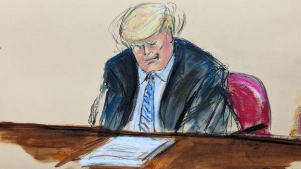 Former President Do<em></em>nald Trump reacts as Michael Cohen testified that he told Trump that the Stormy Daniels story was not contained. in Manhattan criminal court, Monday, May 13, 2024, in New York. (Elizabeth Williams via AP)