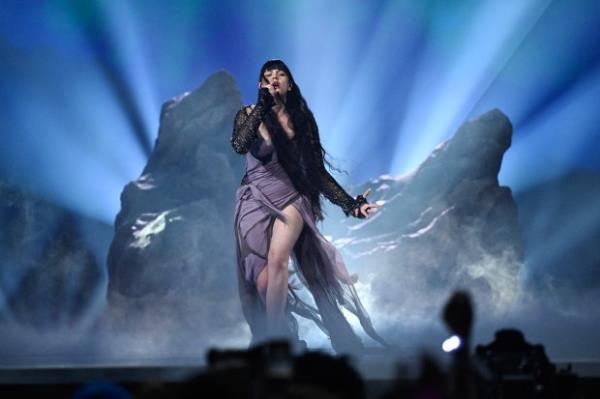 Serbian singer Teya Dora representing Serbia with the song 'Ramonda' performs during the final of the 68th Eurovision Song Co<em></em>ntest (ESC) 2024 on May 11, 2024 at the Malmo Arena in Malmo, Sweden. (Photo by Jessica Gow/TT / various sources / AFP) / Sweden OUT (Photo by JESSICA GOW/TT/TT NEWS AGENCY/AFP via Getty Images)