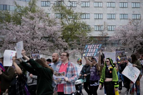 Supporters of LGBTQA+ rights participate in the March for Queer & Trans Auto<em></em>nomy on Capitol Hill in Washington, DC on March 31, 2023. 