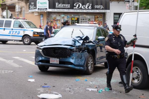 The NYPD Highway Patrol investigates after a pedestrian was fatally struck by a driver who fled the scene on Knickerbocker Avenue and Eldert Street in Bushwick, Brooklyn, New York City on Thursday, May 9, 2024. (Gardiner Anderson for New York Daily News)