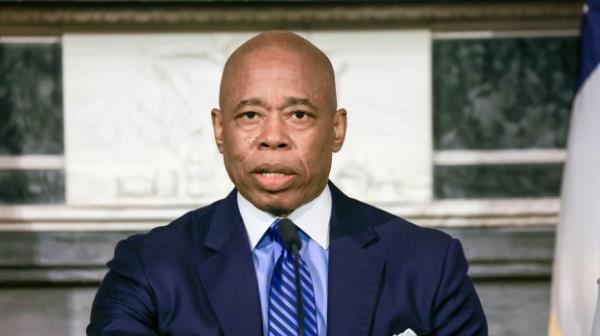 New York City Mayor Eric Adams is pictured at City Hall, Blue Room, during his weekly in-person Press Co<em></em>nference on Tuesday, May 07, 2024. (Luiz C. Ribeiro for NY Daily News)