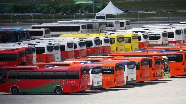 An image showing some of the many buses used to transport the scouts