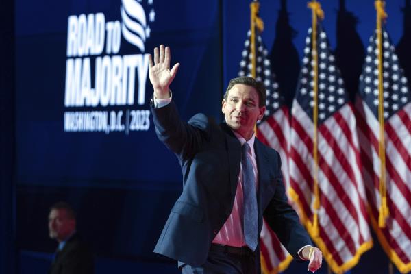 Republican presidential candidate Florida Gov. Ron DeSantis waves to supporters after speaking during the Faith and Freedom Coalition Policy Co<em></em>nference in Washington, Friday, June 23, 2023. (AP Photo/Jose Luis Magana)