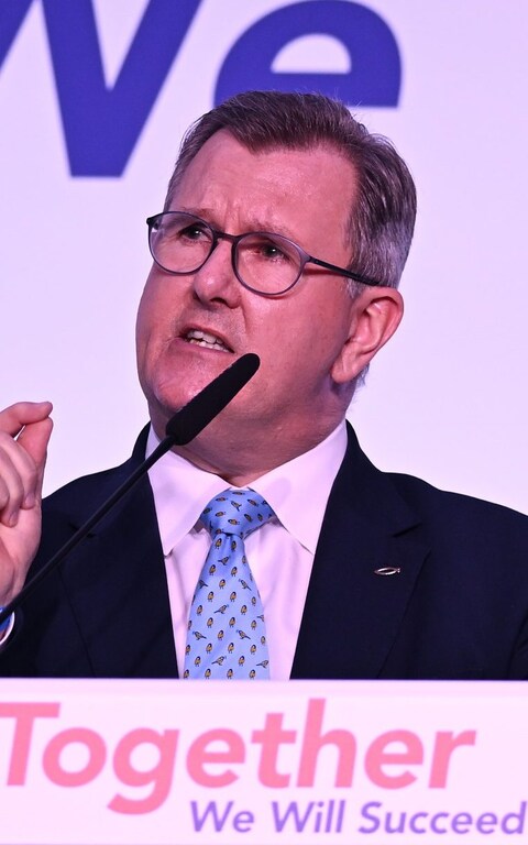 Sir Jeffrey Do<em></em>naldson addresses delegates during the DUP annual autumn co<em></em>nference at Crowne Plaza Belfast