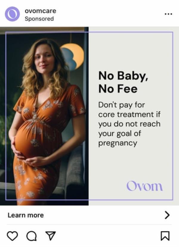 An advert shows a pregnant woman next to text that says ‘no baby, no fee’