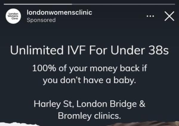 An advert showing a woman holding a baby under text promoting IVF treatments