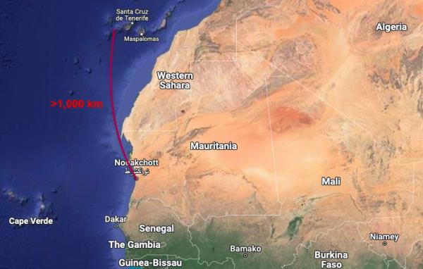 The distance from the Mauritanian capital Nouakchott to the Canary Island is more than 1,000 kilometers | Source: Google Maps