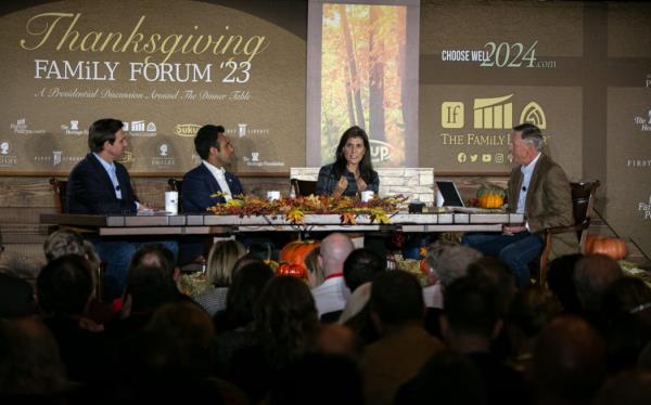 DES MOINES, IOWA - NOVEMBER 17: 2024 Republican Presidential Candidates Florida Governor Ron DeSantis, Vivek Ramaswamy, and Nikki Haley speak with President and CEO of The Family Leader Bob Sander Plaats at the Thanksgiving Family Forum at the downtown Marriott on November 17, 2023 in Des Moines, Iowa. The Christian faith ba<em></em>sed forum hosts three Republican Presidential candidates at a round table discussion for an audience of supporters.   Jim Vondruska/Getty Images/AFP (Photo by Jim Vo<em></em>ndruska / GETTY IMAGES NORTH AMERICA / Getty Images via AFP)