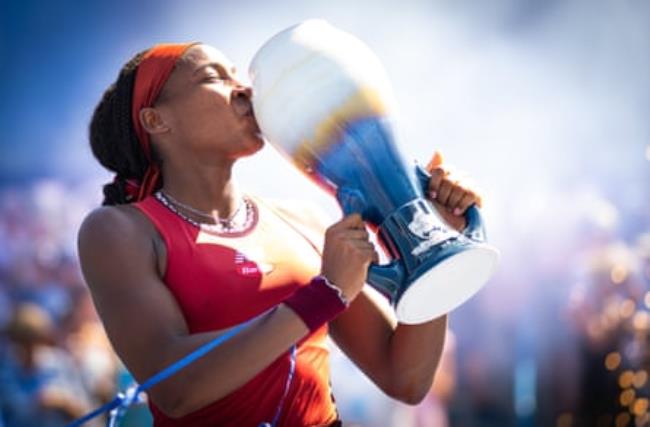 Coco Gauff savours her victory in the Cincinnati Open final after beating Karolina Muchova.