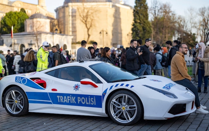 A Ferrari 488 GTB is put on display at Hagia Sophia Square in Istanbul after being co<em></em>nverted for use by the local police