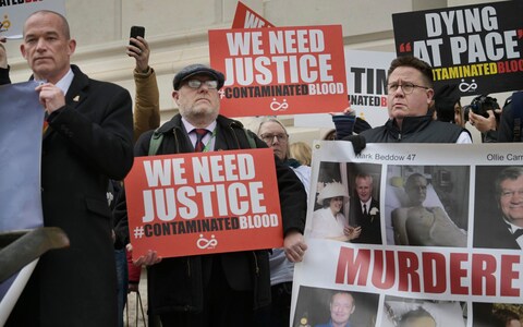 The Fatherless Generation and Factor 8, action groups for victims and relatives of the infected blood scandal protest in Westminster