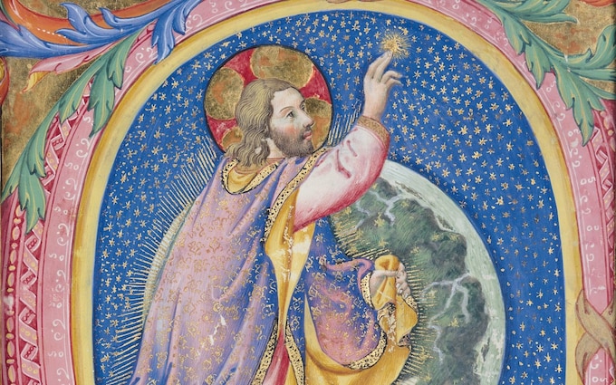 God creating the stars, a manus<em></em>cript initial miniature by Sano di Pietro (1406-81)