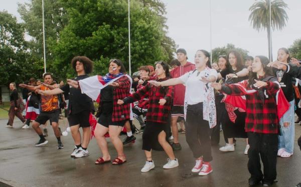 A haka at Blenheim's Seymour Square as a hikoi organised by rangatahi took place on 10 December 2023.