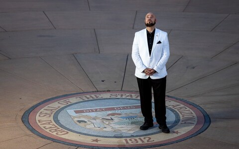 Jacob Chansley, the rioter known as the QAnon Shaman, pictured in Phoenix Arizona wher<em></em>e he is running for Congress