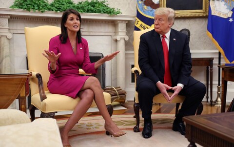 Then president Trump meeting with then outgoing ambassador to the UN Nikki Haley in 2018