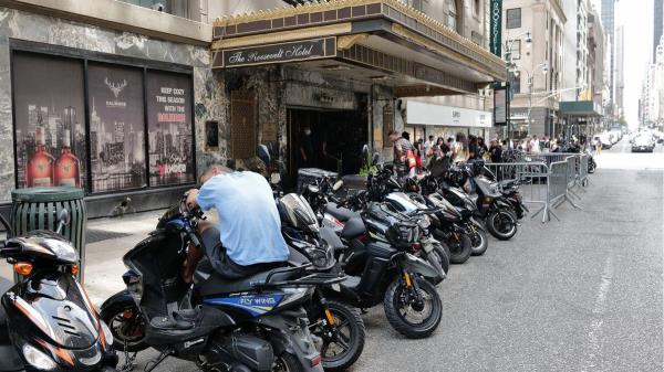 A line of mopeds outside the Roosevelt Hotel in New York City