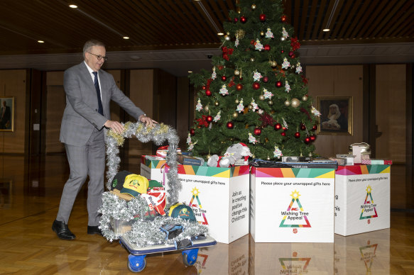 Prime Minister Anthony Albanese during a wishing tree event in November. The government wants to double charitable giving by 2030.