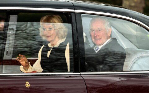 Britain's King Charles III and Britain's Queen Camilla wave as they leave by car from Clarence House in Lo<em></em>ndon 