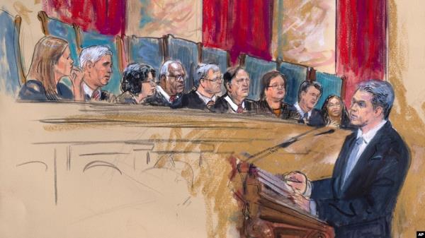 This artist's sketch depicts Jo<em></em>nathan Mitchell arguing in front of the U.S. Supreme Court in Washington on behalf of former U.S. President Do<em></em>nald Trump a<em></em>bout the Colorado Supreme Court's ruling that Trump should be removed from the ballot, Feb. 8, 2024.