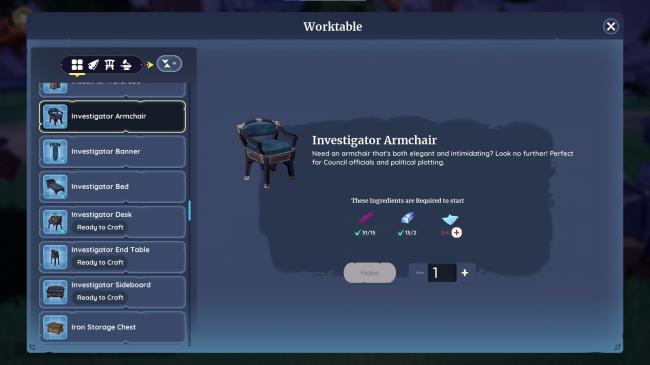 Palia worktable interface showing the crafting recipe for the Investigator Armchair.