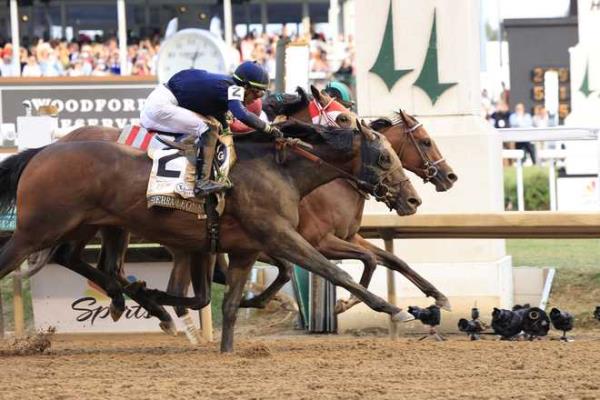 LOUISVILLE, KENTUCKY - MAY 04: Mystik Dan #3, ridden by jockey Brian J. Hernandez Jr. crosses the finish line to win the 150th running of the Kentucky Derby at Churchill Downs on May 04, 2024 in Louisville, Kentucky. (Photo by Justin Casterline/Getty Images)