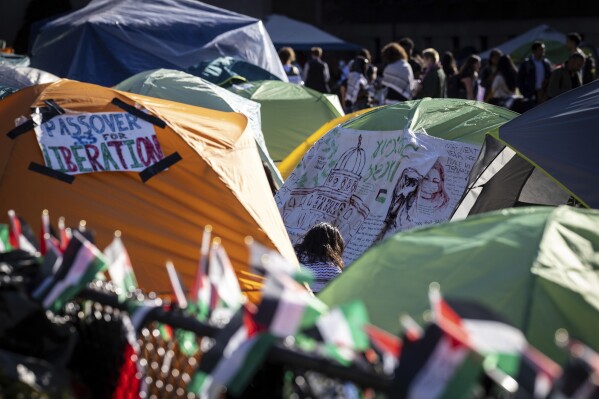 Signs are displayed on tents at the pro-Palestinian demo<em></em>nstration encampment at Columbia University in New York on Wednesday April 24, 2024. (AP Photo/Stefan Jeremiah)