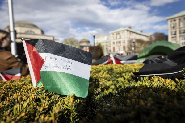 A Palestinian flag is displayed at the pro-Palestinian demo<em></em>nstration encampment at Columbia University in New York on Wednesday April 24, 2024. (AP Photo/Stefan Jeremiah)