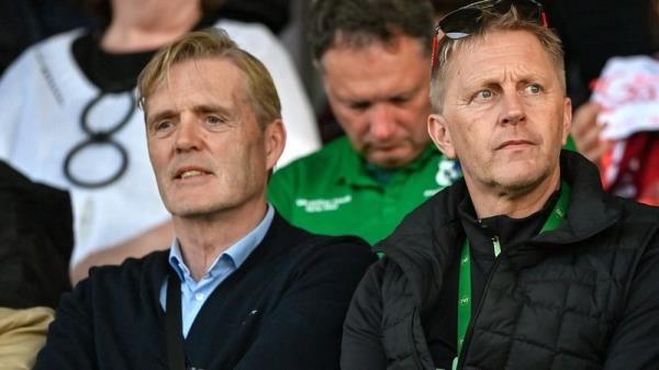 Heimir Hallgrimsson (right) and goalkeeping coach Gudmundur Hreidarsson watching Galway United's victory over Derry City at Eamonn Deacy Park on Friday night