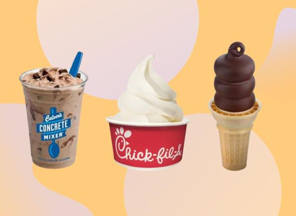 a photo collage of frozen fast-food desserts from Culver's, Chick-fil-A and Dairy Queen on a bright designed background