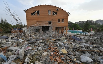 A general view shows a hotel building damaged by a Russian missile strike in Zaporizhzhia