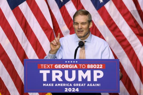 Rep. Jim Jordan (R-OH) speaks during a campaign rally hosted by Republican presidential candidate and former U.S. President Do<em></em>nald Trump at the Forum River Center in Rome, Georgia, U.S. March 9, 2024. 