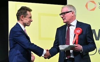 Andy Street and Richard Parker, the winning Labour candidate, at the West Midlands mayoral count