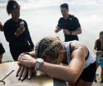 Imo Boddy at the summit of Snowdon - the final part of the challenge being the race down the mountain