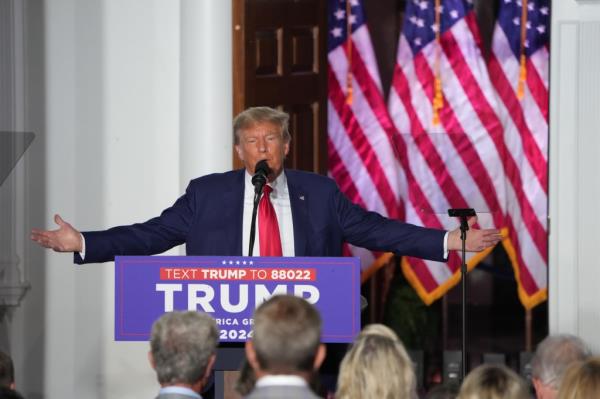 Former President Do<em></em>nald Trump speaks during a news co<em></em>nference at Trump Natio<em></em>nal Golf Club Bedminster on Tuesday, June 13, 2023 in Bedminster, New Jersey.