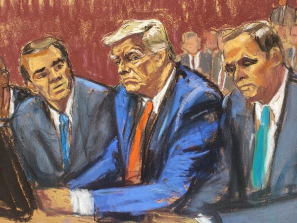 Former U.S. President Trump appears on classified docu<em></em>ment charges after a federal indictment at Wilkie D. Ferguson Jr. United States Courthouse, alo<em></em>ngside his attorneys Chris Kise and Todd Blanche in Miami, Florida, U.S., June 13, 2023 in a courtroom sketch.