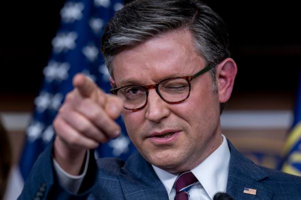 Speaker of the House Mike Johnson during a news conference, pointing at the camera in respo<em></em>nse to a question a<em></em>bout GOP plans for the student protests over the Israel-Hamas war.