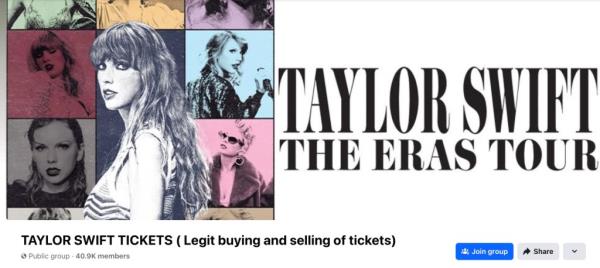 Taylor Swift holding a microphone on a Facebook page dedicated to the legit buying and selling of her co<em></em>ncert tickets