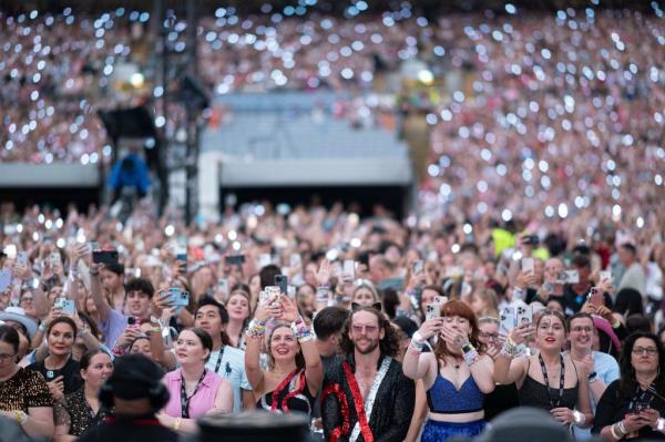 Group of Taylor Swift fans taking a selfie at 'The Eras Tour' at Accor Stadium, Sydney, Australia on February 23, 2024, photo credit to James Gourley/Shutterstock.