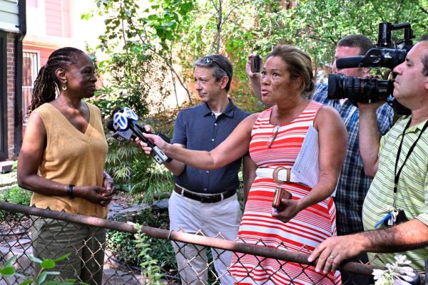 Chirlane McCray talks to reporters.