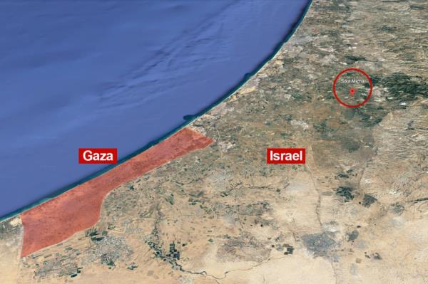 A Post illustration using Google Earth showing the location of Gaza and the Israeli settlement of Sdot Micha.