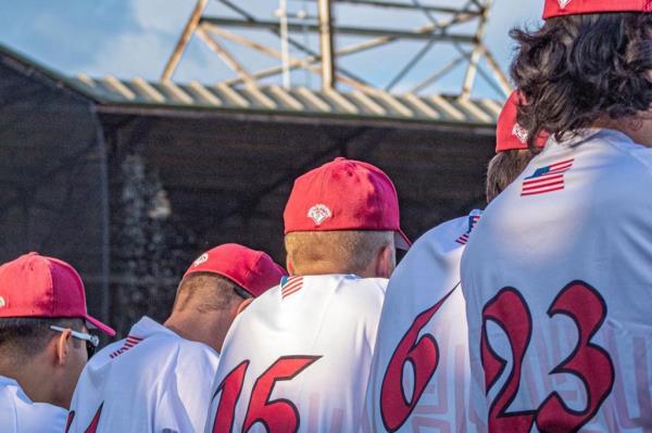 The backs of ba<em></em>seball players show their jersey numbers. 