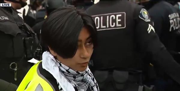 A pro-Palestine protester at UC Irvine engaged in a co<em></em>nversation with reporter Matt Seedorff, appearing like a postgame interview during her arrest by a police officer