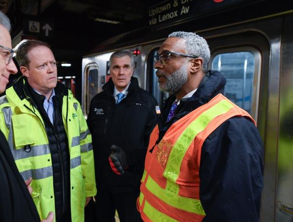 NYCT President Richard Davey, Chief Safety Officer Patrick Warren, SVP of Subways Demetrius Crichlow at the site of the collision and derailment north of 96 St